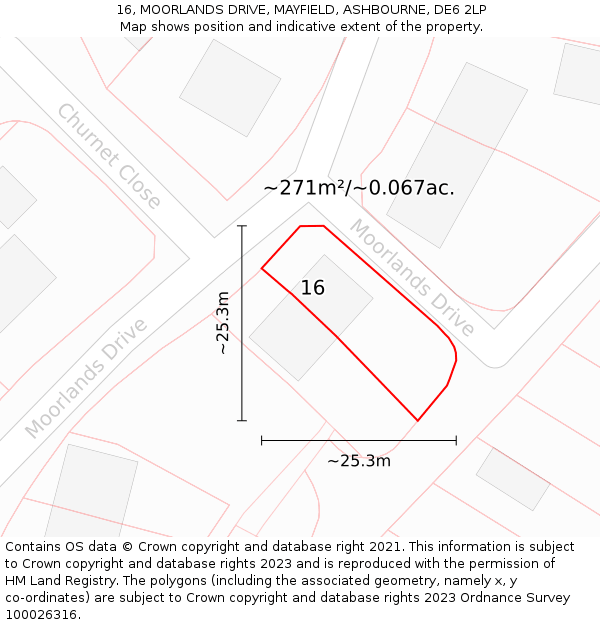 16, MOORLANDS DRIVE, MAYFIELD, ASHBOURNE, DE6 2LP: Plot and title map