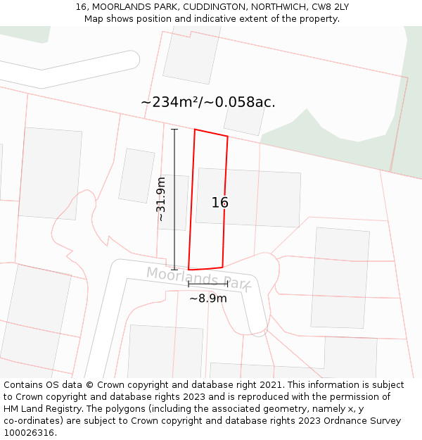 16, MOORLANDS PARK, CUDDINGTON, NORTHWICH, CW8 2LY: Plot and title map