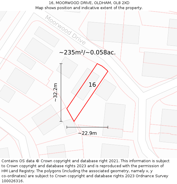 16, MOORWOOD DRIVE, OLDHAM, OL8 2XD: Plot and title map