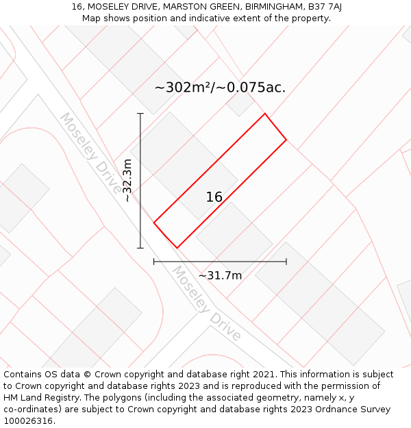 16, MOSELEY DRIVE, MARSTON GREEN, BIRMINGHAM, B37 7AJ: Plot and title map