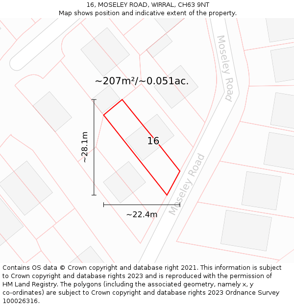 16, MOSELEY ROAD, WIRRAL, CH63 9NT: Plot and title map