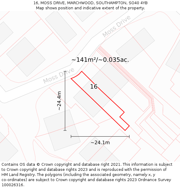 16, MOSS DRIVE, MARCHWOOD, SOUTHAMPTON, SO40 4YB: Plot and title map