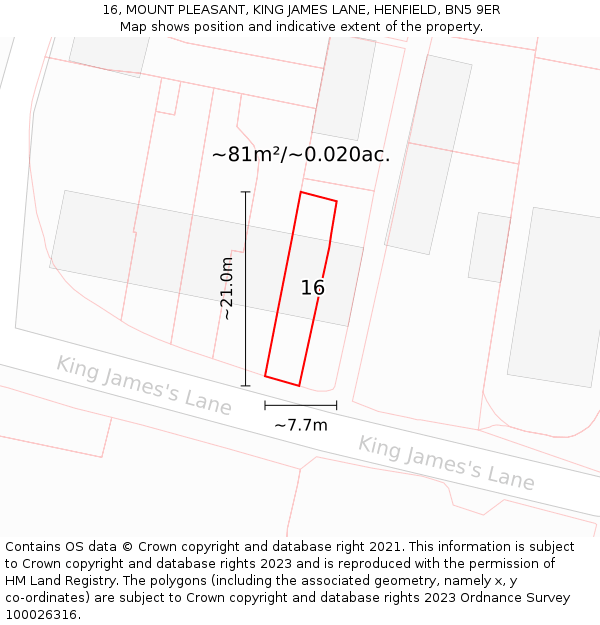 16, MOUNT PLEASANT, KING JAMES LANE, HENFIELD, BN5 9ER: Plot and title map