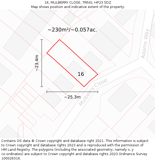 16, MULBERRY CLOSE, TRING, HP23 5DZ: Plot and title map