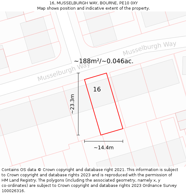 16, MUSSELBURGH WAY, BOURNE, PE10 0XY: Plot and title map