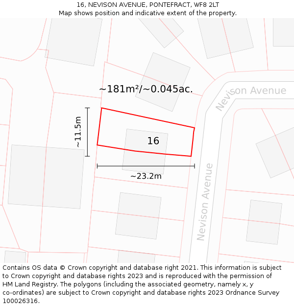 16, NEVISON AVENUE, PONTEFRACT, WF8 2LT: Plot and title map