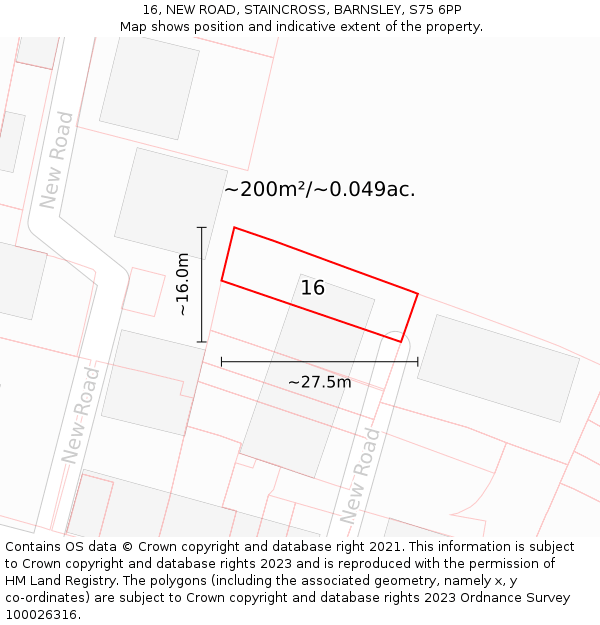 16, NEW ROAD, STAINCROSS, BARNSLEY, S75 6PP: Plot and title map