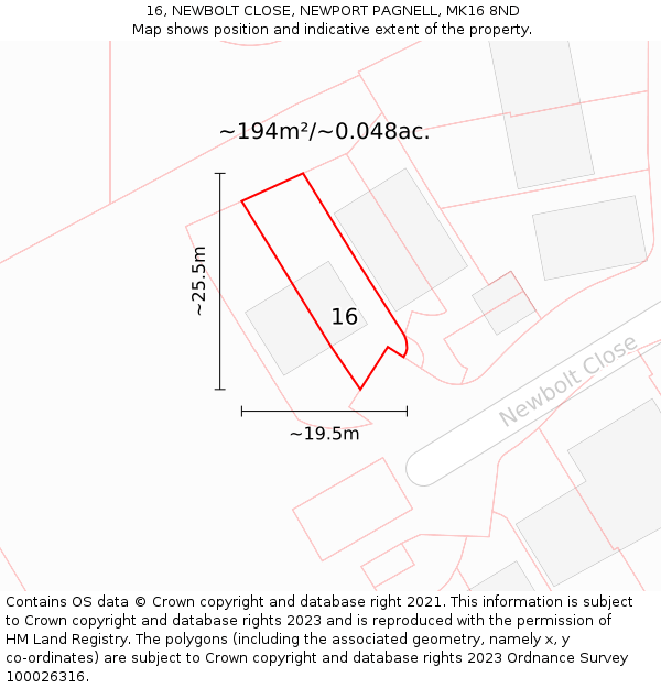 16, NEWBOLT CLOSE, NEWPORT PAGNELL, MK16 8ND: Plot and title map