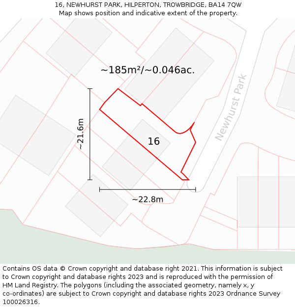 16, NEWHURST PARK, HILPERTON, TROWBRIDGE, BA14 7QW: Plot and title map