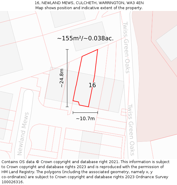 16, NEWLAND MEWS, CULCHETH, WARRINGTON, WA3 4EN: Plot and title map