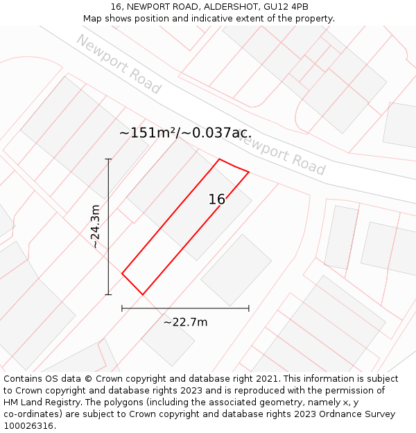 16, NEWPORT ROAD, ALDERSHOT, GU12 4PB: Plot and title map