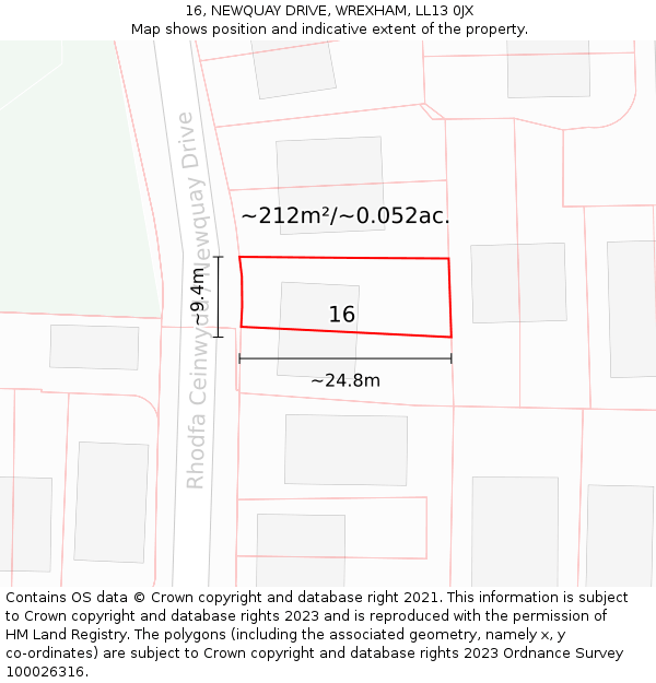 16, NEWQUAY DRIVE, WREXHAM, LL13 0JX: Plot and title map