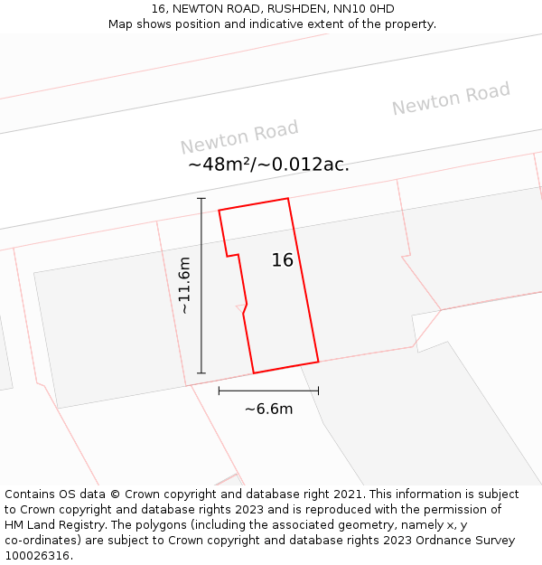 16, NEWTON ROAD, RUSHDEN, NN10 0HD: Plot and title map