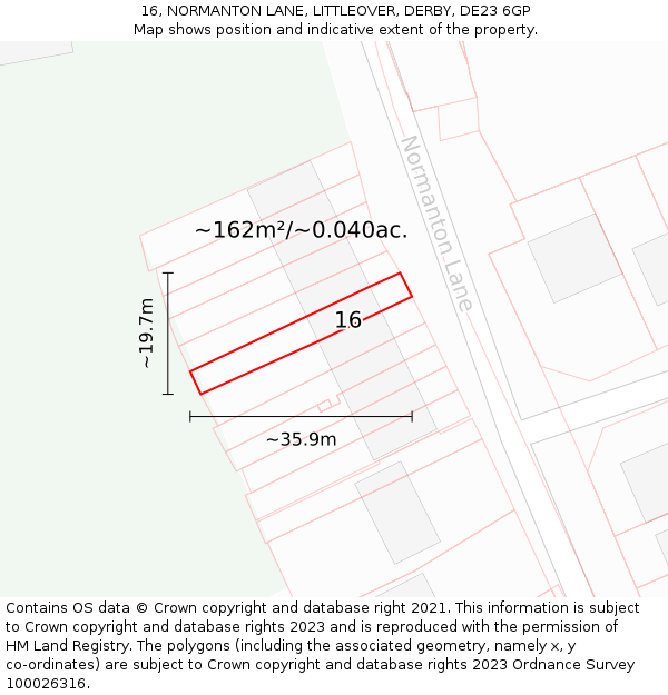 16, NORMANTON LANE, LITTLEOVER, DERBY, DE23 6GP: Plot and title map