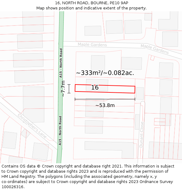 16, NORTH ROAD, BOURNE, PE10 9AP: Plot and title map