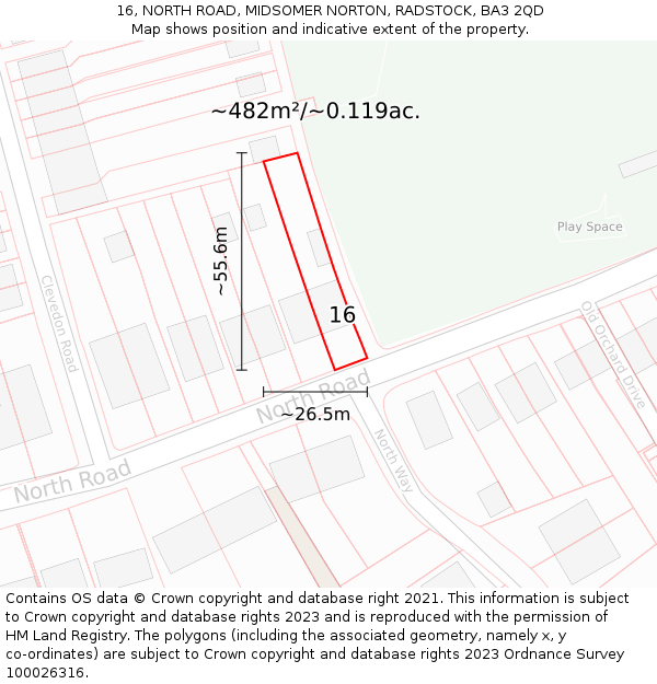 16, NORTH ROAD, MIDSOMER NORTON, RADSTOCK, BA3 2QD: Plot and title map