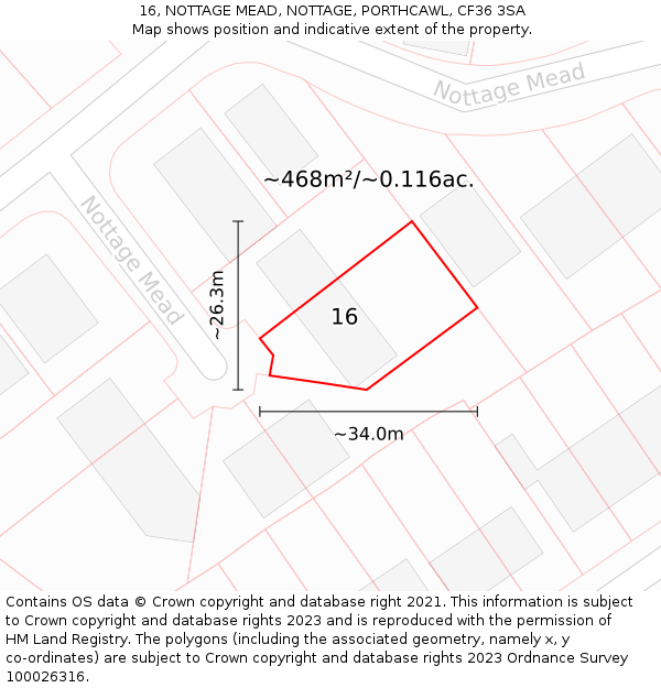 16, NOTTAGE MEAD, NOTTAGE, PORTHCAWL, CF36 3SA: Plot and title map