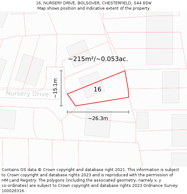 16, NURSERY DRIVE, BOLSOVER, CHESTERFIELD, S44 6SW: Plot and title map