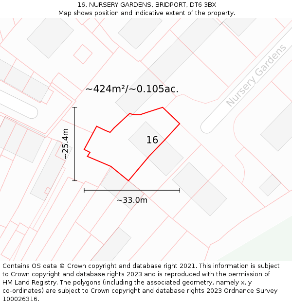 16, NURSERY GARDENS, BRIDPORT, DT6 3BX: Plot and title map