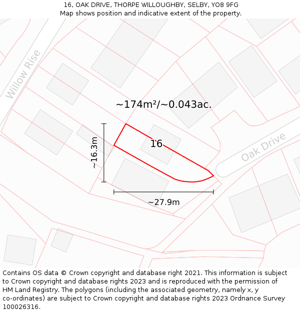 16, OAK DRIVE, THORPE WILLOUGHBY, SELBY, YO8 9FG: Plot and title map