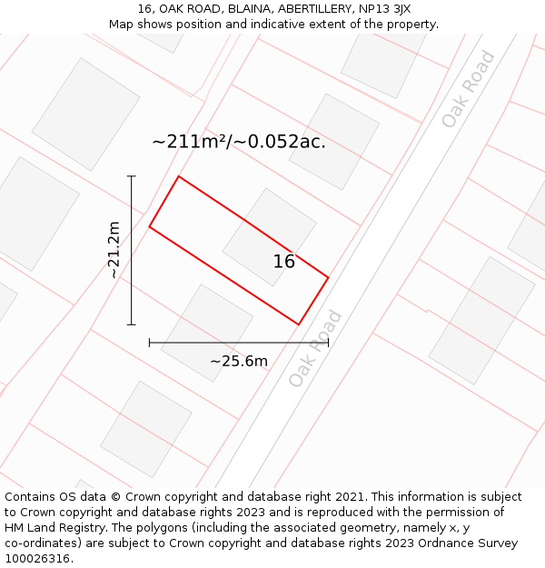 16, OAK ROAD, BLAINA, ABERTILLERY, NP13 3JX: Plot and title map