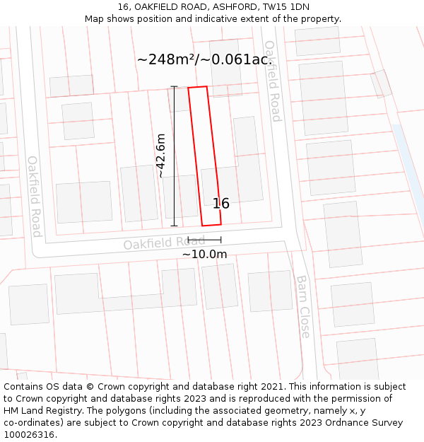 16, OAKFIELD ROAD, ASHFORD, TW15 1DN: Plot and title map