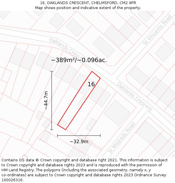 16, OAKLANDS CRESCENT, CHELMSFORD, CM2 9PR: Plot and title map