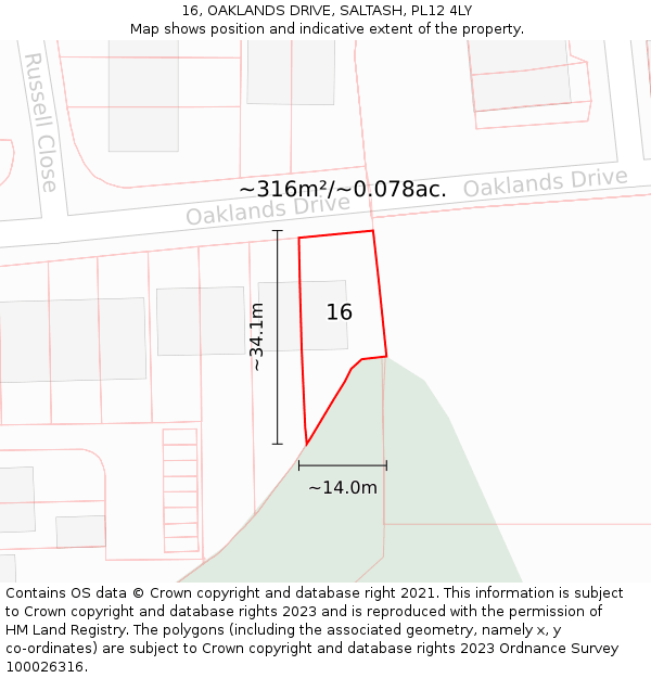 16, OAKLANDS DRIVE, SALTASH, PL12 4LY: Plot and title map