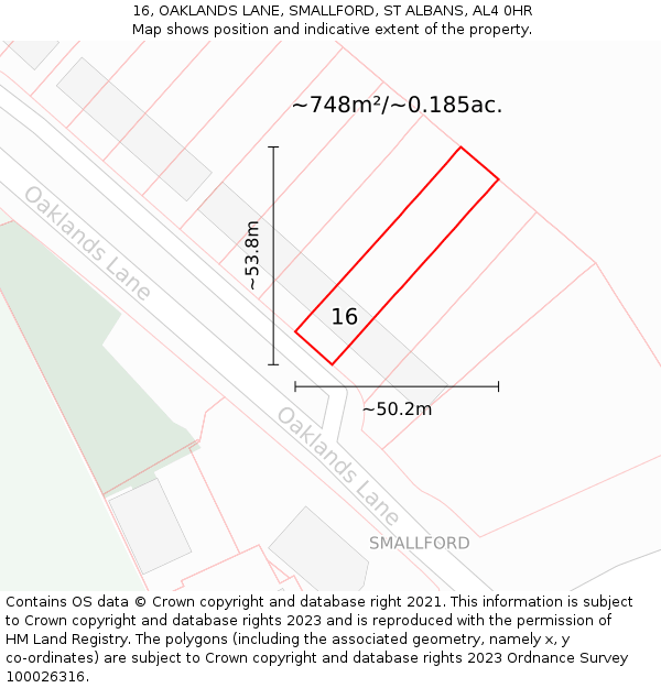 16, OAKLANDS LANE, SMALLFORD, ST ALBANS, AL4 0HR: Plot and title map