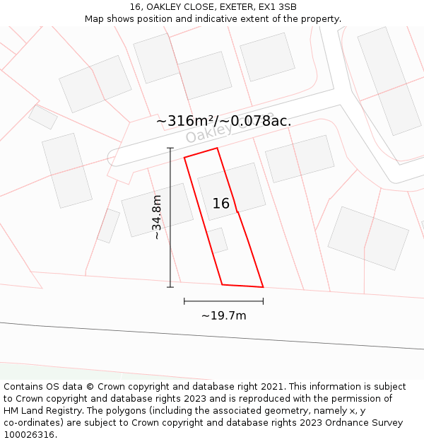 16, OAKLEY CLOSE, EXETER, EX1 3SB: Plot and title map