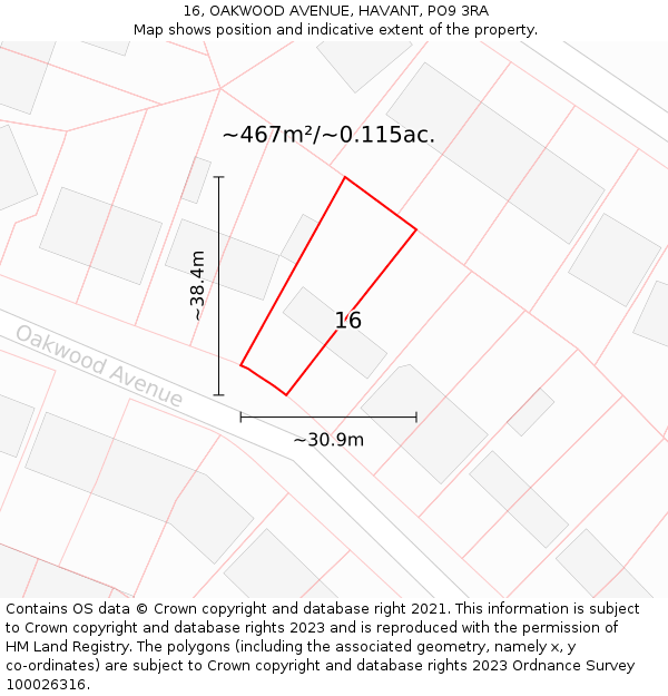 16, OAKWOOD AVENUE, HAVANT, PO9 3RA: Plot and title map