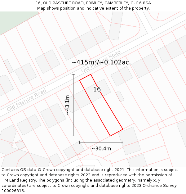 16, OLD PASTURE ROAD, FRIMLEY, CAMBERLEY, GU16 8SA: Plot and title map