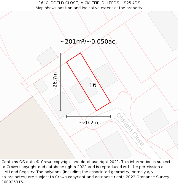 16, OLDFIELD CLOSE, MICKLEFIELD, LEEDS, LS25 4DS: Plot and title map