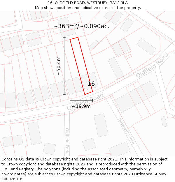 16, OLDFIELD ROAD, WESTBURY, BA13 3LA: Plot and title map