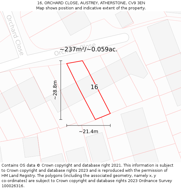 16, ORCHARD CLOSE, AUSTREY, ATHERSTONE, CV9 3EN: Plot and title map