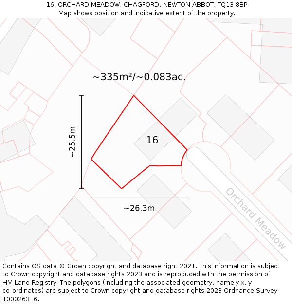 16, ORCHARD MEADOW, CHAGFORD, NEWTON ABBOT, TQ13 8BP: Plot and title map