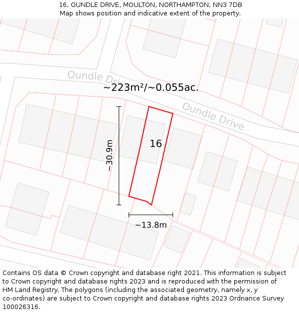 16, OUNDLE DRIVE, MOULTON, NORTHAMPTON, NN3 7DB: Plot and title map