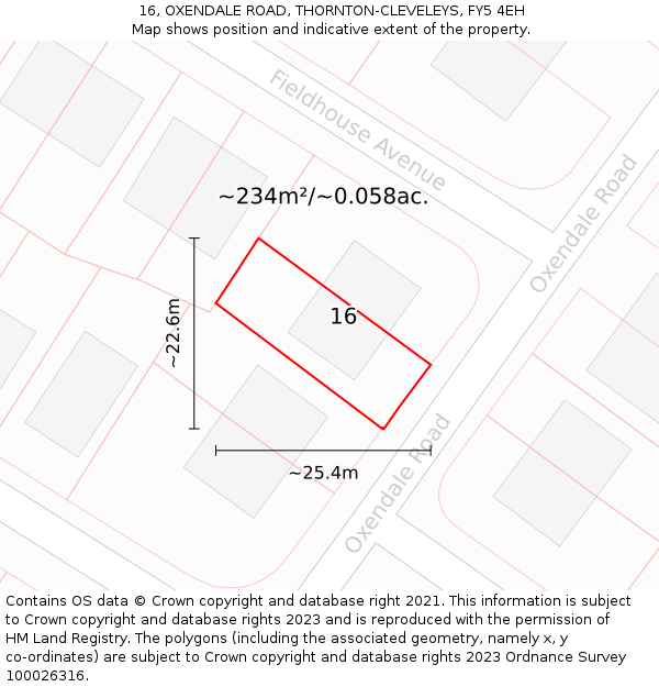 16, OXENDALE ROAD, THORNTON-CLEVELEYS, FY5 4EH: Plot and title map