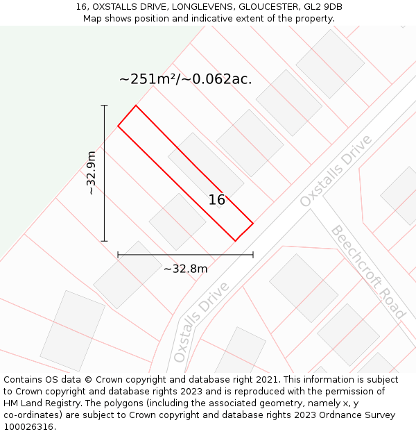 16, OXSTALLS DRIVE, LONGLEVENS, GLOUCESTER, GL2 9DB: Plot and title map