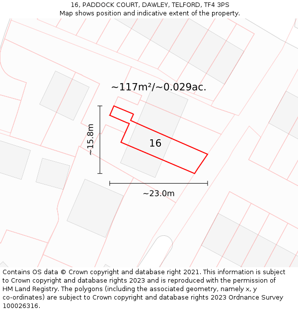 16, PADDOCK COURT, DAWLEY, TELFORD, TF4 3PS: Plot and title map