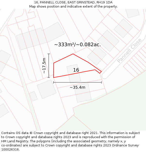 16, PANNELL CLOSE, EAST GRINSTEAD, RH19 1DA: Plot and title map