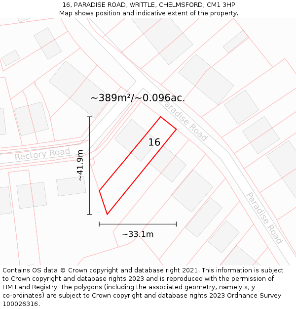 16, PARADISE ROAD, WRITTLE, CHELMSFORD, CM1 3HP: Plot and title map