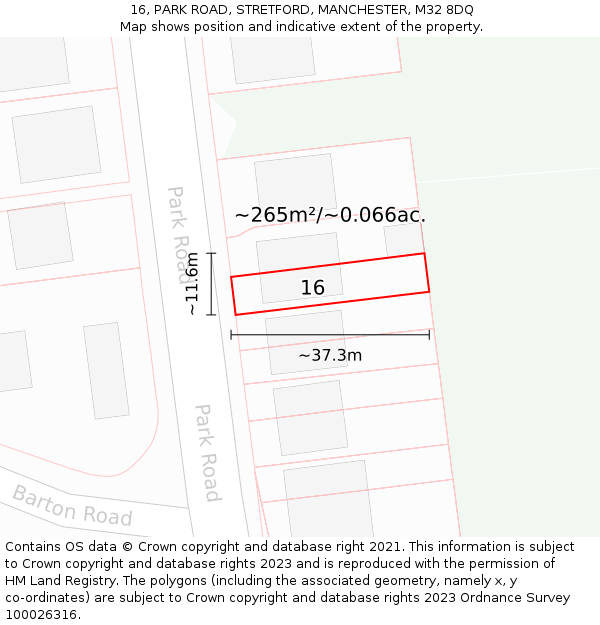 16, PARK ROAD, STRETFORD, MANCHESTER, M32 8DQ: Plot and title map