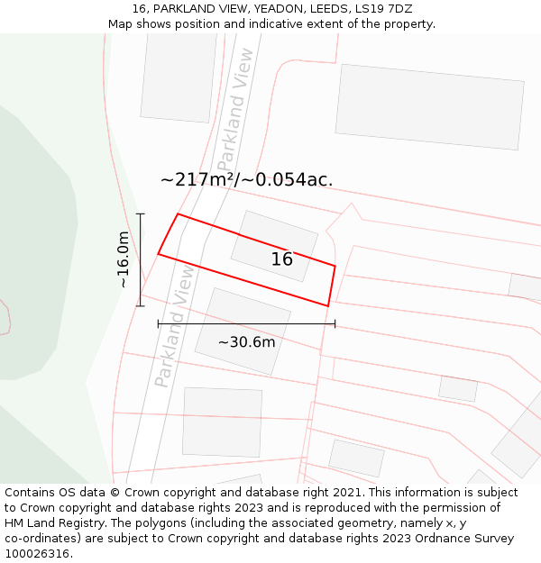 16, PARKLAND VIEW, YEADON, LEEDS, LS19 7DZ: Plot and title map