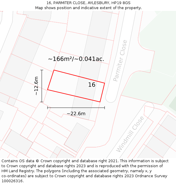 16, PARMITER CLOSE, AYLESBURY, HP19 8GS: Plot and title map