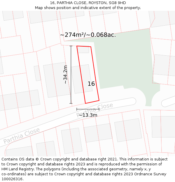 16, PARTHIA CLOSE, ROYSTON, SG8 9HD: Plot and title map