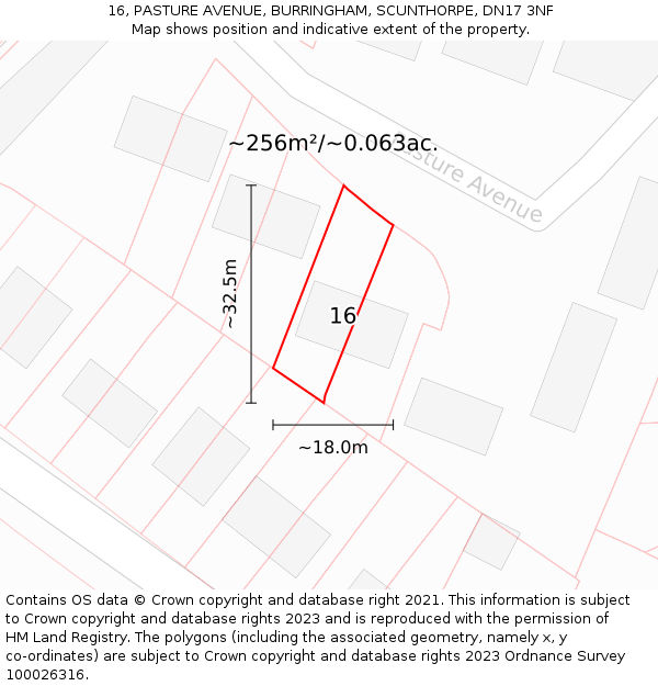 16, PASTURE AVENUE, BURRINGHAM, SCUNTHORPE, DN17 3NF: Plot and title map