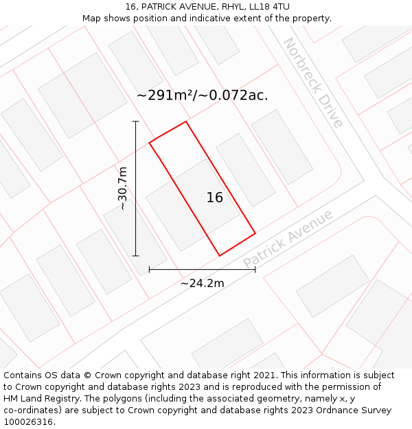 16, PATRICK AVENUE, RHYL, LL18 4TU: Plot and title map