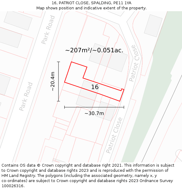 16, PATRIOT CLOSE, SPALDING, PE11 1YA: Plot and title map