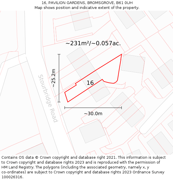 16, PAVILION GARDENS, BROMSGROVE, B61 0UH: Plot and title map